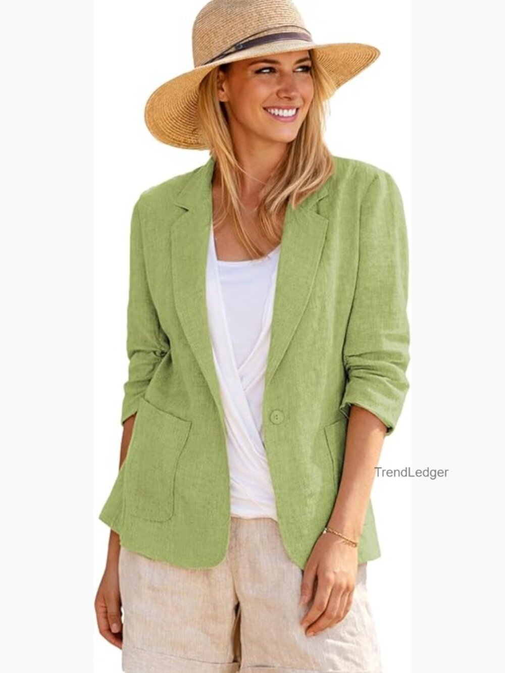 Women's Linen Blazer - 3/4 Sleeve Ruched, Stretchy, Lightweight, Business Casual